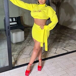 Neon Yellow Mini Wrap Skirt Set